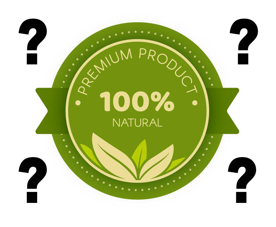 Green '100% natural premium product' badge surrounded by question marks