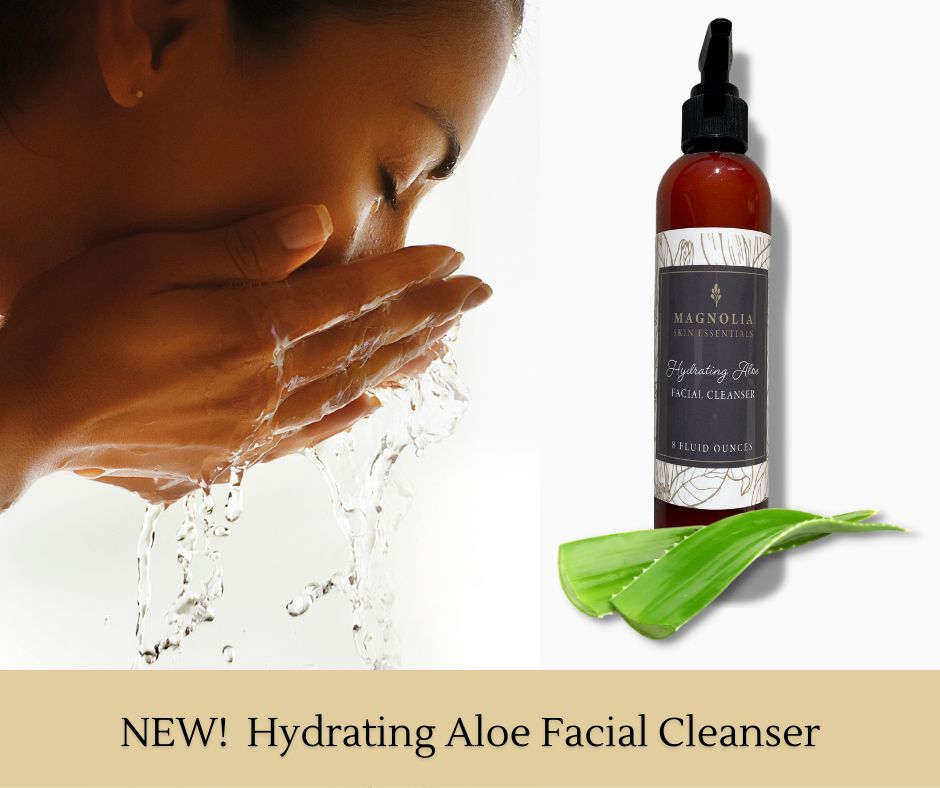 Woman splashing her face with water beside a Hydrating Aloe Facial Cleanser bottle and aloe leaf