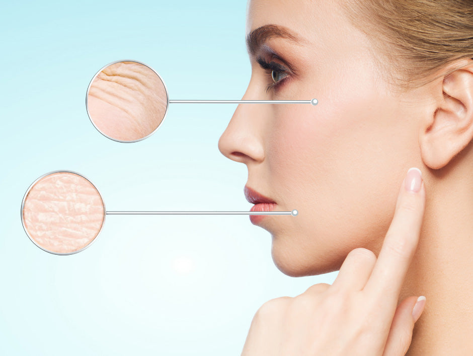 Woman in profile with magnified circles showing skin texture