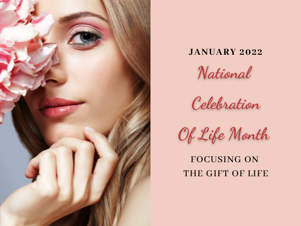 National Celebration of Life Month graphic with a woman holding pink flowers