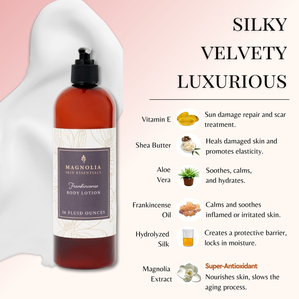Frankincense Hand &amp; Body Lotion with key ingredients including shea butter, aloe vera and frankincense oil