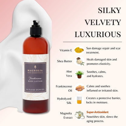 Frankincense Hand &amp; Body Lotion with key ingredients including shea butter, aloe vera and frankincense oil