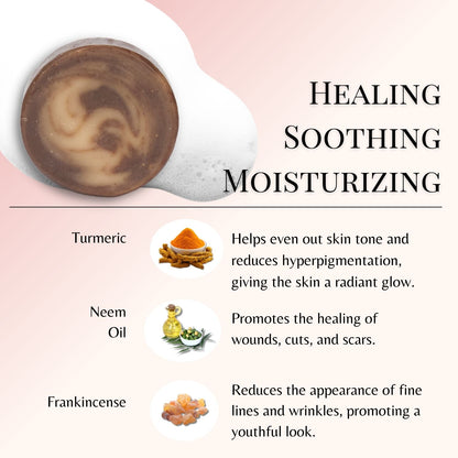 Turmeric and Neem Oil Bar with key ingredients turmeric, neem oil and frankincense