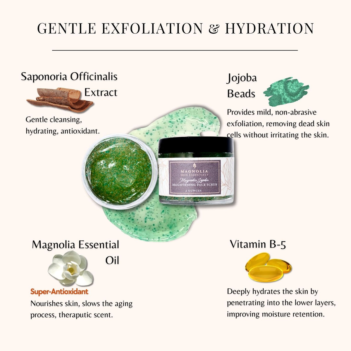 Magnolia Jojoba Brightening Face Scrub with ingredients saponaria extract, jojoba beads, magnolia oil and vitamin B5