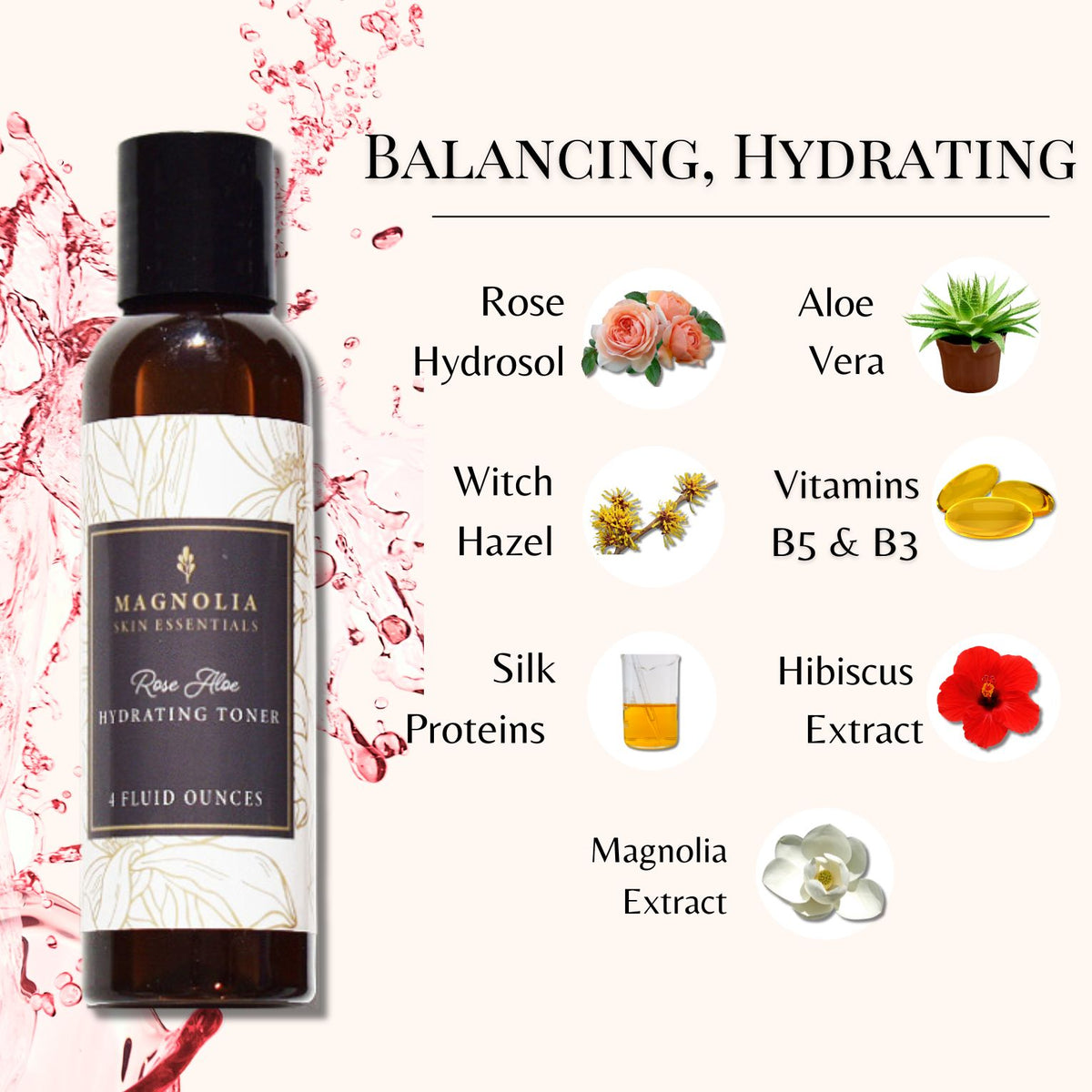 Rose Aloe Hydrating Toner with rose hydrosol, aloe vera, witch hazel, silk proteins, hibiscus and magnolia extract