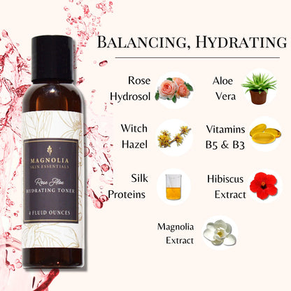 Rose Aloe Hydrating Toner with rose hydrosol, aloe vera, witch hazel, silk proteins, hibiscus and magnolia extract