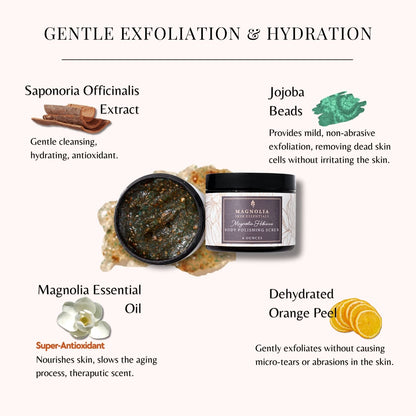 Magnolia Hibiscus Body Polishing Scrub with ingredients saponaria extract, jojoba beads, magnolia oil and orange peel