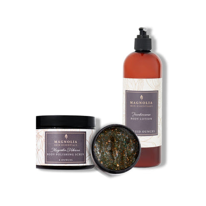 Skin Sanctuary Duo: Magnolia Hibiscus Body Polishing Scrub and Frankincense Hand &amp; Body Lotion