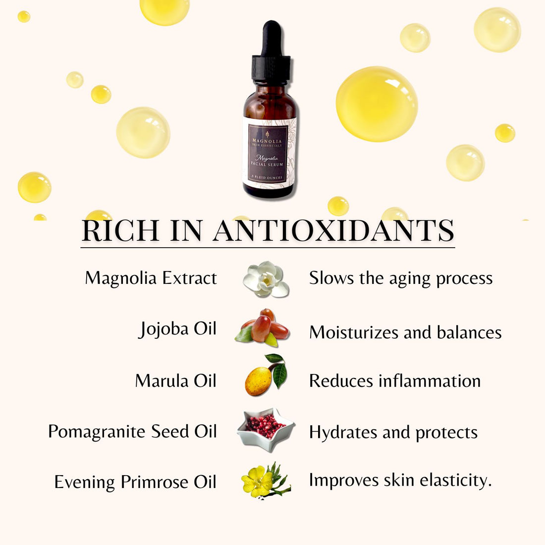 Magnolia Facial Serum with its botanicals: magnolia extract, jojoba, marula, pomegranate seed and evening primrose oils