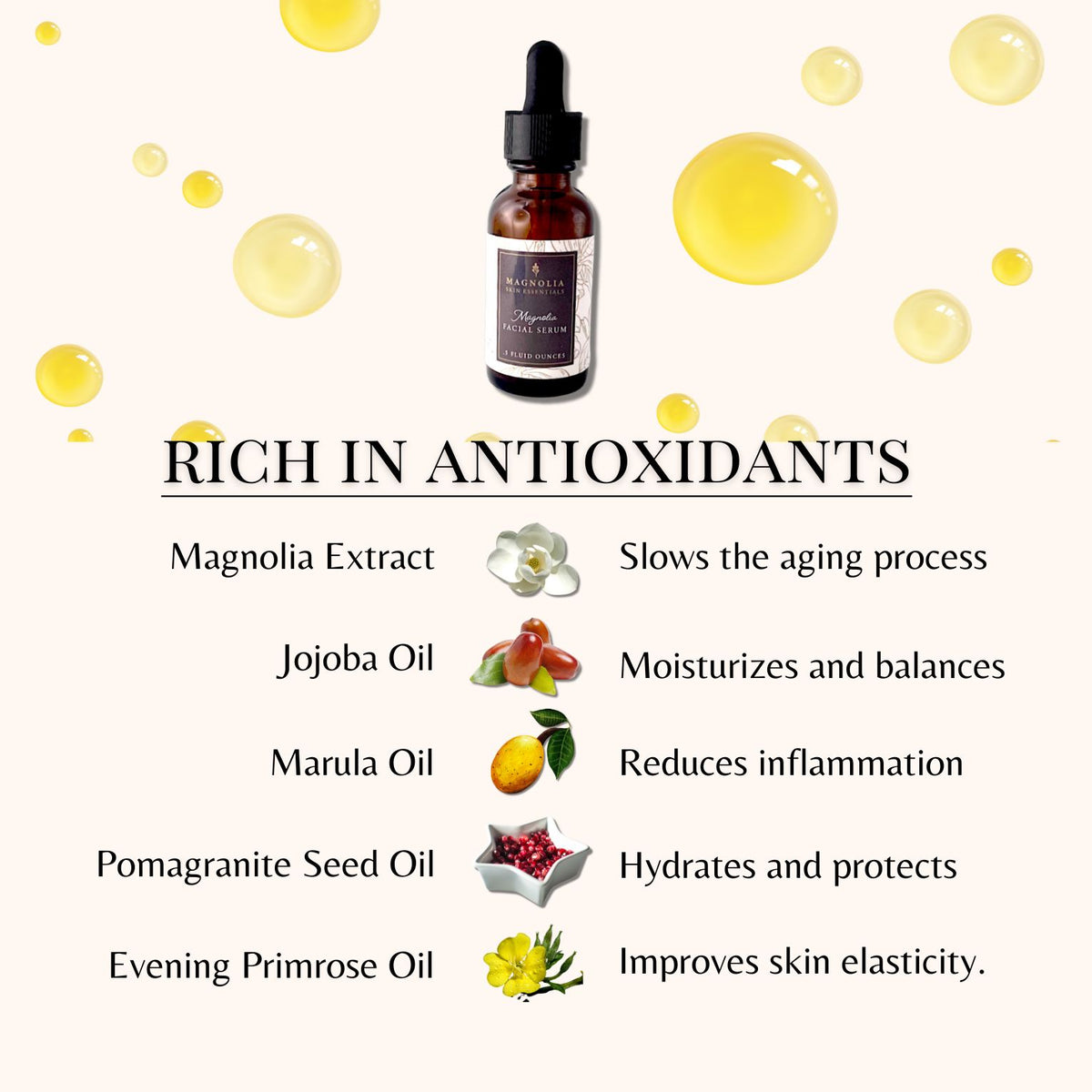 Magnolia Facial Serum with its botanicals: magnolia extract, jojoba, marula, pomegranate seed and evening primrose oils