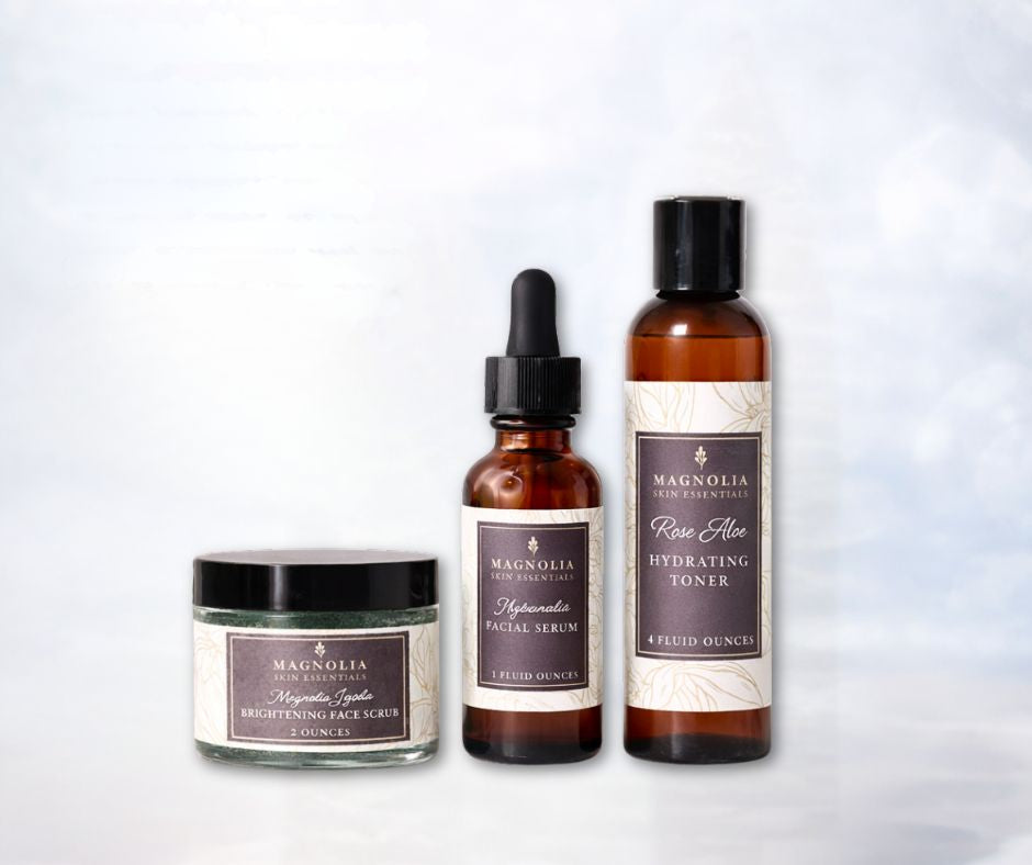 30-Day Radiance Reset Trio: jojoba face scrub, hyaluronic acid serum and rose aloe toner
